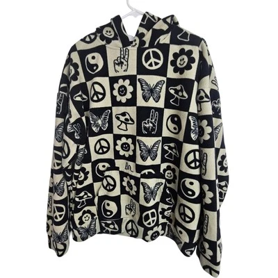 Pacsun Hoodie Pullover Hoodie Men L Black Peace Art Fleece Hoodie Men Hippie  - Image 1 of 4