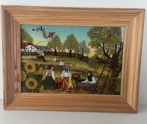 Reverse Glass Painting Farm Scene Apple Harvest Framed Folk Art - Ulrike Platzer - Picture 1 of 17