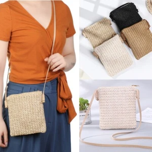Solid Color Woven Shoulder Bag Straw Braided Beach Handbags Summer - Picture 1 of 16