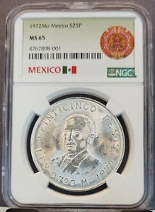 1972 MEXICO SILVER 25 PESOS S25P BENITO JUAREZ NGC MS 65 GEM BU BLAZER - Picture 1 of 3
