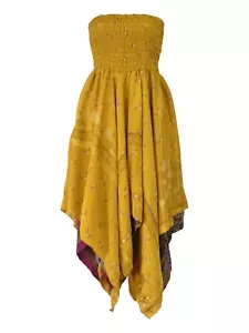 Floral Strapless Summer Dress Two Layer Zig Zag Silk Style Recycled Sari Viscose - Picture 1 of 7