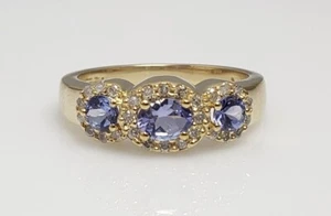 EFFY 14k Yellow Gold 3 Stone Tanzanite Diamond Halo Ring Band Size 7 - Picture 1 of 10