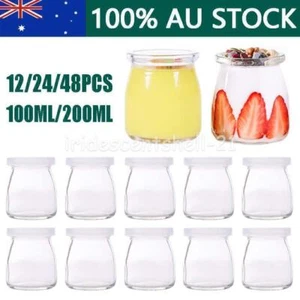 AU Glass Pudding Jars 200ML Yogurt Milk Jam Parfait Dessert Glass Jars W/ Lids - Picture 1 of 12