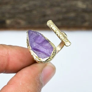 18k Gold Plated Natural Amethyst Raw Electroforming 925 Silver Ring Jewelry Gift - Picture 1 of 5