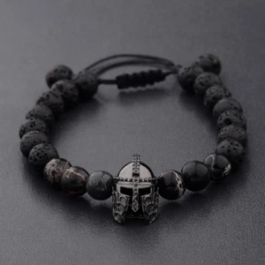 Men Charm Black Spartan Helmet Beaded Natural Stone Adjustable Macrame Bracelets - Picture 1 of 5