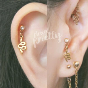 20g 16g Snake dangle cartilage earring gold helix tragus flat back labret, 1pc - Picture 1 of 8