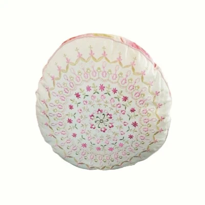 14" Round Floral Throw Pillow Embroidered Pink Country Rose Cottage Shabby Chic - Image 1 of 4