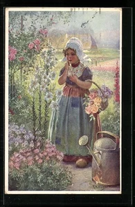 Künstler-AK Rudolf Alfred Höger: Holländisches Mädchen mit Haube und Holzschuhe - Bild 1 von 2