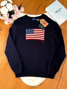 Polo Ralph Lauren Flag Jumper Navy Blue Mens size XL Sweater Genuine Made USA - Picture 1 of 19