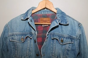 Vintage Kids Brittanica Jean Jacket Red Plaid Lining L 14-16 Denim Grunge - Picture 1 of 5