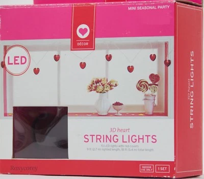 Valentine's Day 10 LED Lights with Red 3D Heart String Lights 9 Ft NIB  - Image 1 of 2
