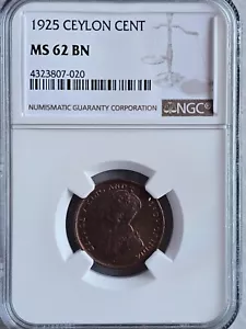 Ceylon 1 Cent 1925 NGC MS 62 BN - Picture 1 of 2