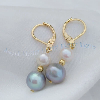 Pendiente colgante de perlas blancas de oro de 14 k con palanca de perlas blancas de 7-8 mm gris del Mar del Sur de 10-11 mm Foto 1 de 4