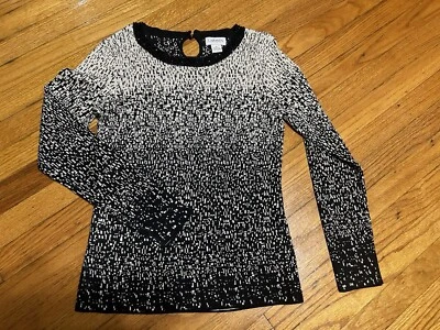 Carmen Marc Valvo gola redonda com miçangas brancas e pretas douradas em todas as manchas M - Imagem 1 de 4