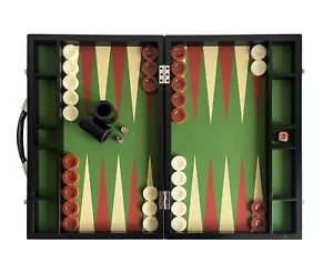 Tournament Size Backgammon Set Green And Tan Fabric Ground Leather Case 22"x29" - Picture 1 of 10