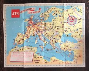 BEA BRITISH EUROPEAN AIRWAYS ORIGINAL VINTAGE ROUTE MAP AIRLINE POSTER 1958 
