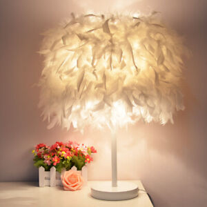 Elegant Fluffy White Feather Table Lamp Bedside Bed Corded Led Light Night Light