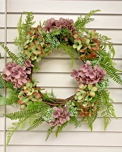 18"- 23" Wreath Silk Purple-Green Hydrangea and Artificial Shrubs Greenery - Picture 1 of 4