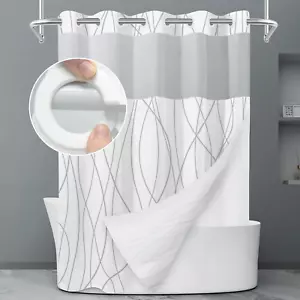 No Hook Grey & White Striped Shower Curtain with Snap-In Fabric Liner, Mesh Top - Picture 1 of 9