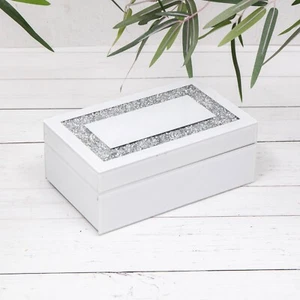 White Glass Crystal Diamonds Rectangle Jewellery and Ring Accessories Box - Picture 1 of 5