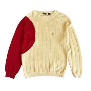 Vintage Izod Asymmetrical Golf Sweater M Yellow Red Colorblock Knit Made in USA - Picture 1 of 7