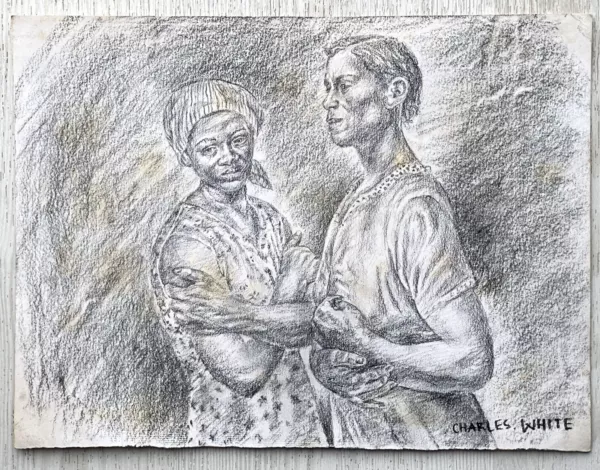 Charles White (Handmade) Drawing On old Paper Signed & Stamped Mixed Media