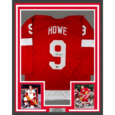 Framed Facsimile Autographed Gordie Howe 33x42 Red Reprint Laser Auto Jersey Cover