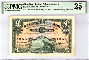 Gibraltar £1 Pound 1927 Pick# 12 PMG 25 Very Fine - Picture 1 of 18
