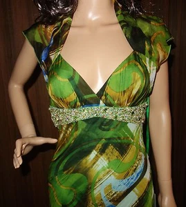 Nina Austin Queen Anne Neckline Beaded Waist Multi Print Silk Flare Dress SZ S - Picture 1 of 9