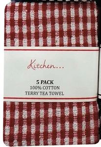 Terry Tea Towels Pack of 5 With Check and Plain Design 100% Cotton (40010) - Picture 1 of 8