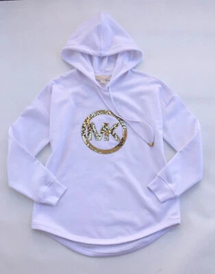 SUDADERA CON CAPUCHA BLANCA PARA MUJER MICHAEL KORS LOGO MK LENTEJUELAS DORADAS NUEVA TALLA S M L XL Foto 1 de 4