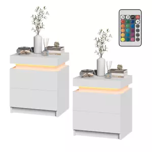 Set of 2 Bedside Table 2 Drawer With Lift Up Nightstand Cabinet LED RGB White - Picture 1 of 9