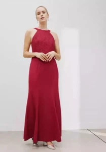John Lewis Maxi Dress UK 16 Womens Red Lace Sleeveless Halter Neck Keyhole Back - Picture 1 of 18
