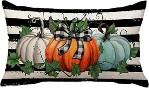 Fall Decor Pillow Covers 12X20 Stripes Pumpkins Outdoor Fall Pillowcase Decorati - Picture 1 of 12