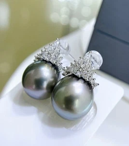 10-11 mm natural black Tahitian  pearl earrings 925 sterling silver - Picture 1 of 5
