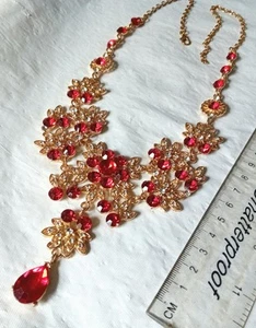 Large Red Acrylic, Clear Rhinestone & Gold Tone Statement Necklace B9 - Picture 1 of 5