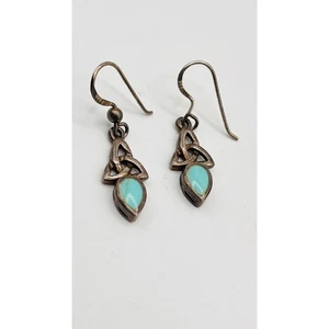 Sterling Silver & Turquoise Celtic Trinity Knot Vintage Dangle Pierced Earrings - Picture 1 of 6