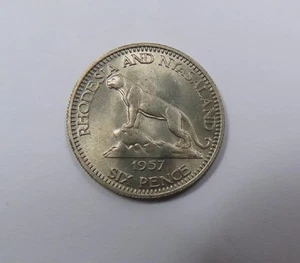 Rhodesia & Nyasaland 6 Pence 1957 Gem BU Mint State Lion on Rock VERY SCARCE - Picture 1 of 2