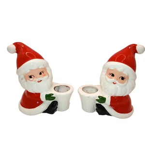 Vintage Christmas Santa Claus Ceramic Candle Holder Set Of 3.75 in Tall Japan - Picture 1 of 9