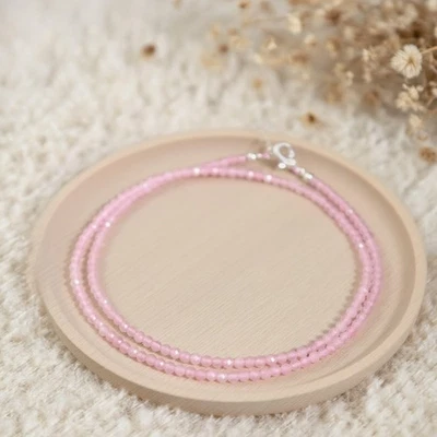Natural Rose Quartz Faceted 2mm Beads Choker Dainty Healing Reiki Women Necklace - Image 1 of 3