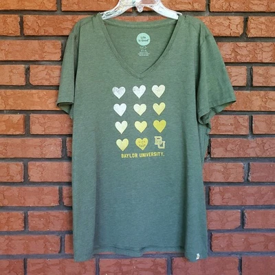 Baylor University V Neck T Shirt Womens L Life is Good Classic Fit Green Hearts - Image 1 of 4
