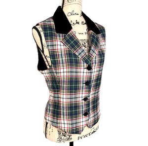 Chaleco de franela a cuadros Baxter Wells cuello terciopelo botones tartán talla 10 Preppy - Imagen 1 de 16