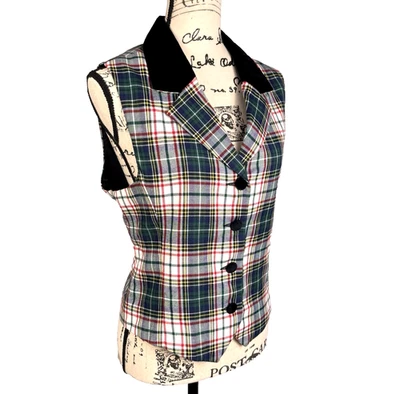 Baxter Wells 格子法兰绒背心天鹅绒领纽扣格子呢 10 码学院风 — 第 1/4 张图片