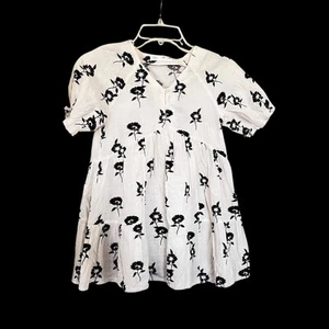 Zara Girls Ecru Black Flowers Short Sleeve Tiered Dress Size 11-12 - Picture 1 of 5