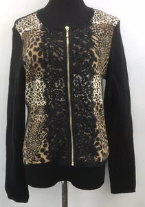 CHICOS Size 1 Leopard Cheetah Lace Trim Zip Up Cardigan Sweater Jacket - Picture 1 of 8