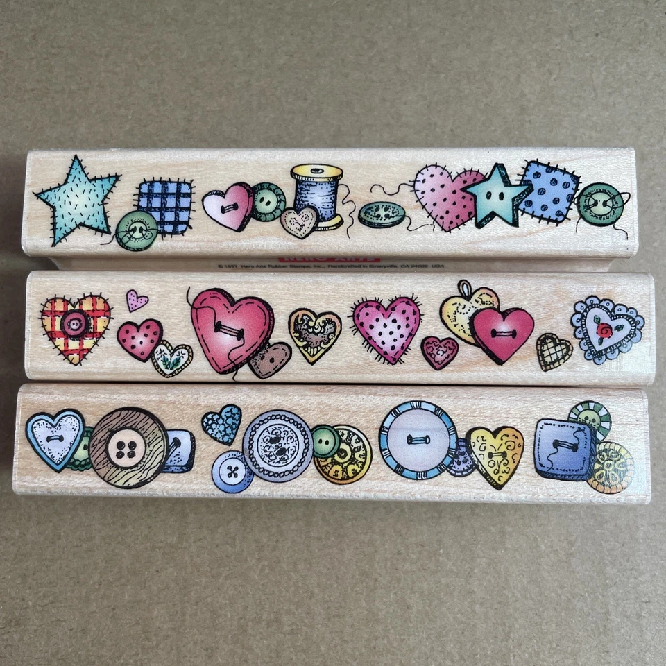 Sewing Button Quilt Patchwork Heart Star Craft Spool 3 Stamps Rubber Stamp M - Image 1 of 1