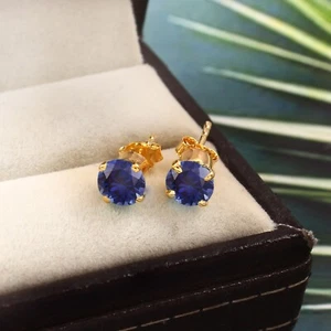 AAA Ceylon Blue Sapphire Stud Earrings Sapphire Round Earrings Gemstone Studs - Picture 1 of 3