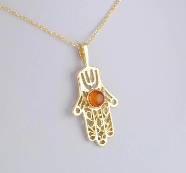 Schöner Anhänger Und Kette Hand Der Fatima Gelbgold Laminat Und Stone Amber - Bild 1 von 1