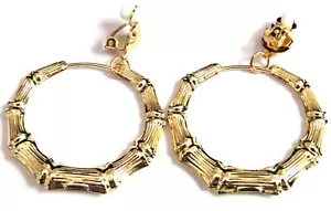 CLIP-ON EARRINGS GOLD BAMBOO 2 INCH HOOP EARRINGS GOLD PLATED RETRO HOOPS - Picture 1 of 2