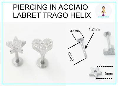 Piercing Labbra Labret Trago Helix Acciaio Stella Cuore Satinato - Immagine 1 di 3